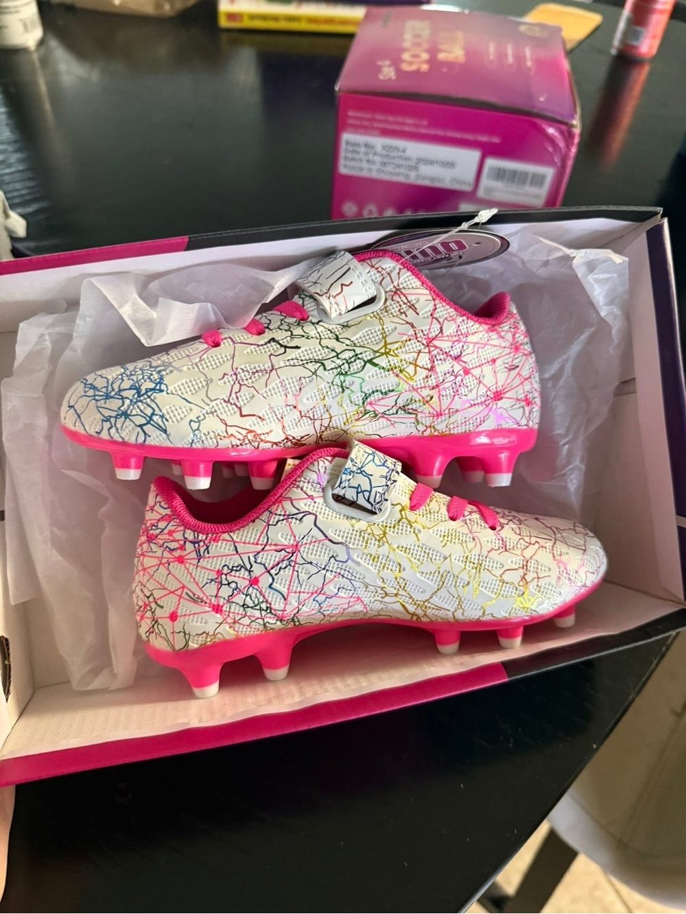 Kids White Multicolor Soccer Cleats with Pink Trim